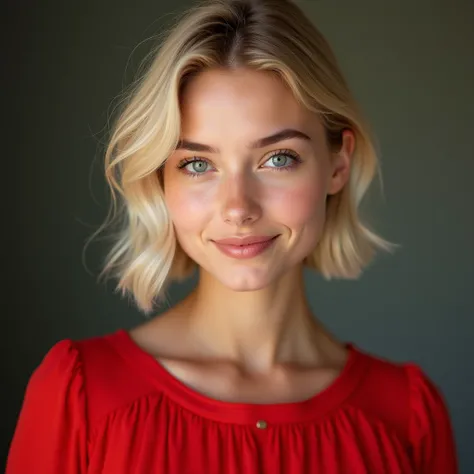 A beautiful young girl with light eyes  ,  light blond hair, short cut to the body red blouse , good sized breasts.  is looking in front of the camera with a neutral and friendly face. 