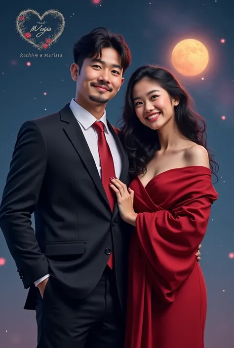 A realistic young korean the top of the photograph is the name "ROCHIM & MARISSA" in elegant, swirling artistic letters inside a snow-white heart. A smiling, white-skinned realistic young korean man and woman year 20 are dressed muslimah elegantly. The man...