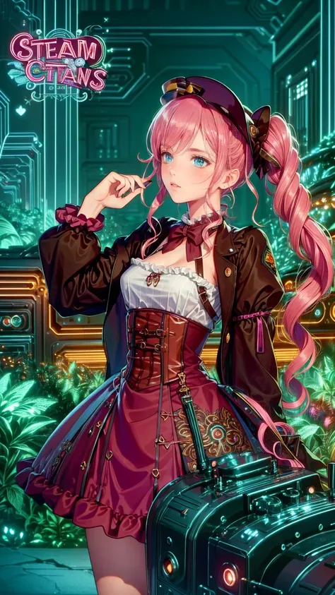  steampunk/ steampunk/ Steampunk 　、 woman, 22,  She has olive green eyes and long blond hair braided over her shoulders., Tied with ribbon and heart, Pale pink scrunchie, Red Clip. Her hair is light in color、This is getting very long.,  worn with twin tail...