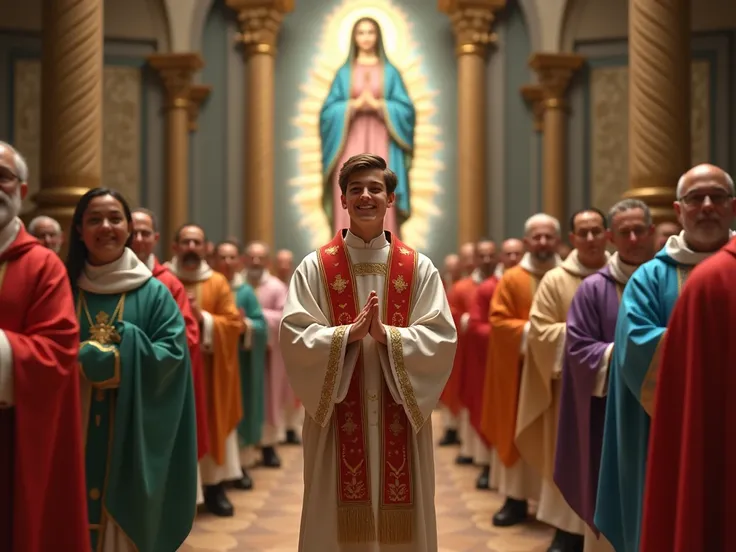 realistic image of a Catholic priest, young and happy ,  celebrating Mass with other priests behind him, all walking forward looking ,  in different colored robes , with the background of the Virgin