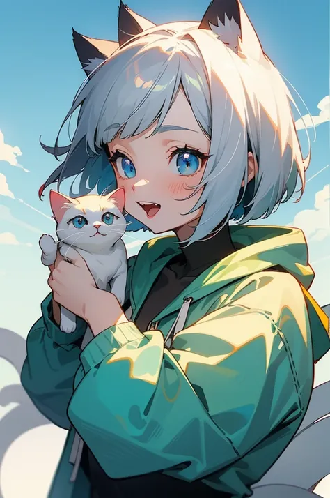 （（amazing background 1 .5））((Best quality 1.2))、((Masterpiece 1.2))、Watercolor、((Fashionable clothes))、(( lets take a cute cat 1 .5))、girl、 Bob Cut 、Gray Hair、Blue Eyes、Cat ear hood、Blue-green hoodie 、 with sparkling eyes, Double teeth,  laugh mischievousl...