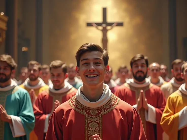 realistic image of a Catholic priest, young and happy ,  celebrating Mass with other priests behind him, all walking forward looking ,  in different colored robes , with cross background