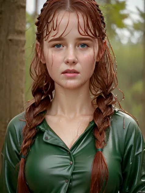 (best quality,4k,8k,highres,masterpiece:1.2),ultra-detailed,(realistic,photorealistic,photo-realistic:1.37), ((woman wearing wet clothing, solo, shy)), ((very large bust size for her young age)), braided red hair, pale skin