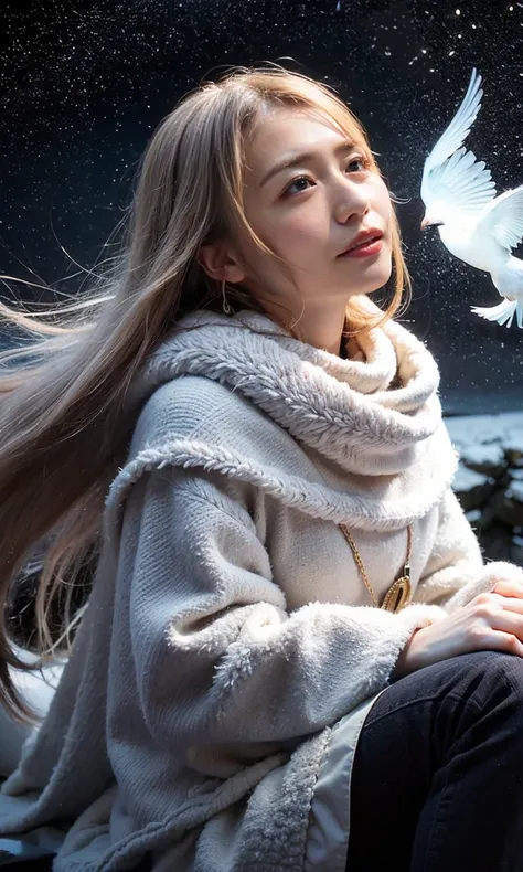 (    When she casts a spell , A legendary ice bird appears around the sky、 Magic Rim 、staring at something、diamond dust flutters、クリーム色のhair、   Heavy snowfall area      、   Snow is falling   、    blue eyes、    blue eyes、white winter clothes    、  gazing up ...