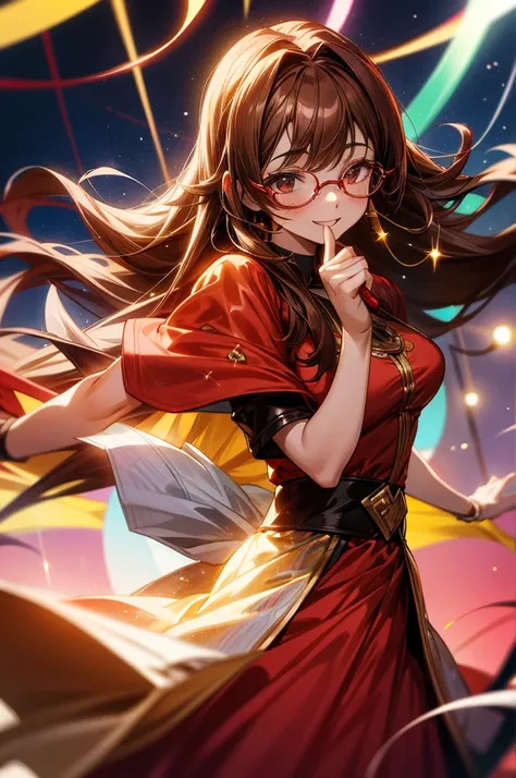  long-haired girl with brown hair and red glasses,Idol, dancing, is singing,Sparkling lights ,smile