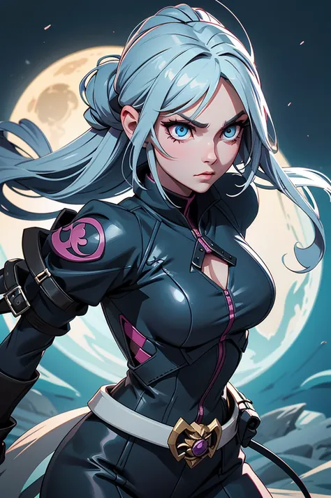 Create an image of Tsukuyomi, the Goddess of the Moon and Night. She is depicted as a skilled assassin, master of the art of stealth and shadow. Tsukuyomi is a striking figure, with long gray hair tied at the top of her head, making it easy for her to move...