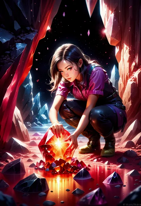 a young woman digging out a large red crystal from the ground, highly detailed, photorealistic, 8k, studio lighting, dynamic pose, digital painting, mystical atmosphere, vibrant colors, fantasy landscape, glowing crystal