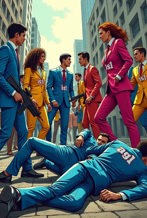 Men and women wear colorful suits with the word IS1 screen printed on them. Stepping on people wearing blue suits with the word AGL printed on them, all with guns. Manga Lines,Located in the capital city 