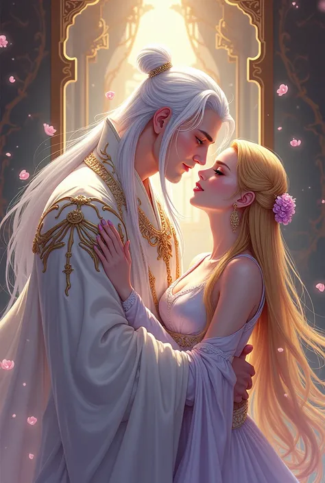 Do it in the style of a Manhua: a couple: White-haired emperor ,  purple-eyed kissing his queen who has long blond hair and blue eyes
in a romantic way holding her in her arms