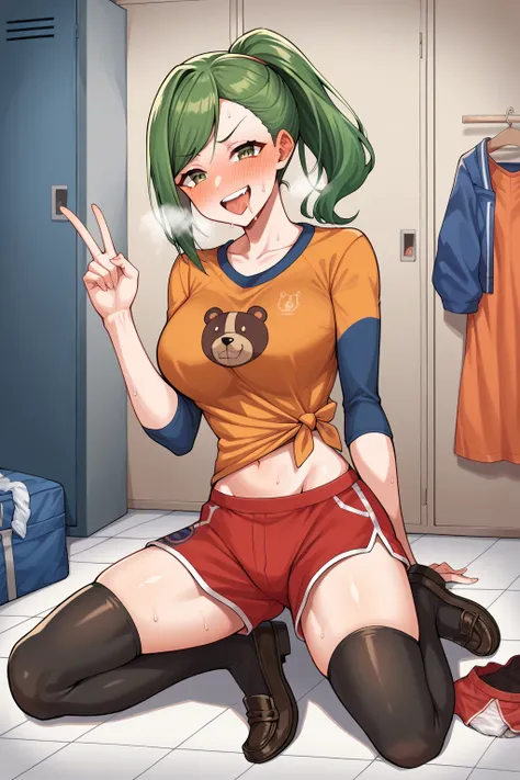 score_9, score_8_up, score_7_up,  source_Anime,  green hair,  Ponytail,   sweep bang ,  green eyes,  Big Breasts,, drooling,full-face blush, v-shaped eyebrows, evill grin, , open mouth smiling, tongue out drooling, heavy breathing,  discarded panties,,lock...