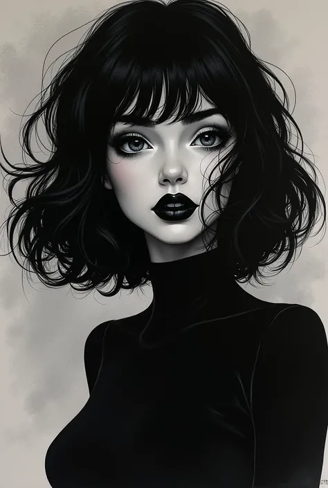 (best quality, sketch:1.2),realistic,illustrator,anime,1 girl, detailed lips, black dress,custom, (background dark monochrome), dark hair,textured cropping, masterpiece, style retro classic, noir dark, art, sketch book, (bob hair black:1.75 neon:1.32), bad...