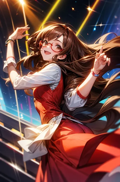  long-haired girl with brown hair and red glasses,Idol, dancing, is singing,Sparkling lights ,smile