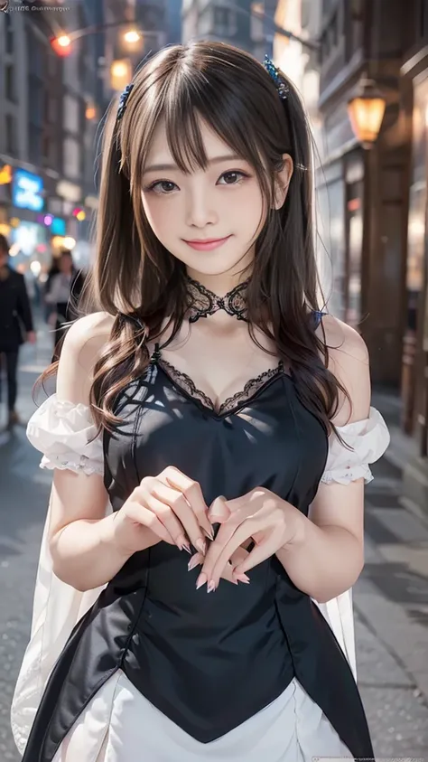  full body visible（1 beauty 1 .8）（ Friendly Smiles ）（ top quality）（ reality image quality、 surrenders）（Ultra HD）（8k，Raw quality）（Beautiful depiction、 delicate depiction ）（black gothic lolita）（pub、 work in customer service）