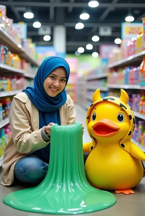 a woman with a blue hijab is sitting holding green slime next to a yellow duck wearing a cow-shaped hoodie with the characteristic color of cows. The aisles are filled with vibrant and interesting products, creating a lively and cheerful atmosphere. Intera...