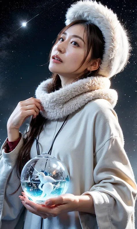 (    When she casts a spell , A legendary ice bird appears around the sky、 Magic Rim 、staring at something、diamond dust flutters、クリーム色のhair、   Heavy snowfall area      、   Snow is falling   、    blue eyes、    blue eyes、white winter clothes    、  gazing up ...