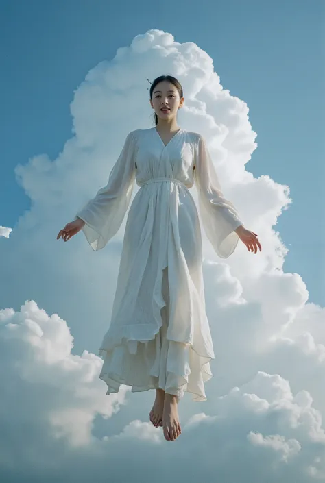 A young girl is suspended in the air, she is very beautiful but has a terrifying smile, very big, she is dressed in a tunic like in the time of godness. She looks like the Virgin Mary, but in terror. There are large clouds and clearings which cause a distu...