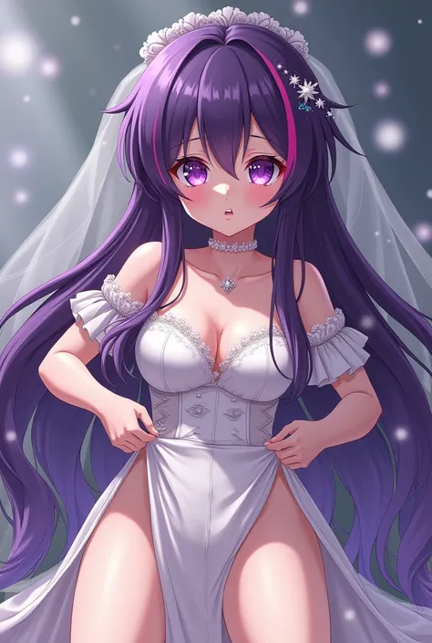 pulledwedgie,pulled by self,wedgie, Hoshino Ai, long hair, purple hair, streaked hair ,purple eyes, star-shaped pupils, hair ornament, wedding dress