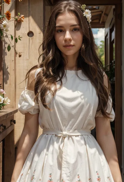 Create a woman with a white skin., wearing a peasant flower dress, long, wavy, brown hair 