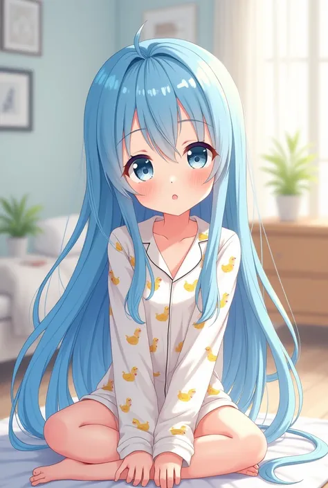 long sky blue hair,Cute beautiful girl in Japanese anime style wearing duck-shaped pajamas