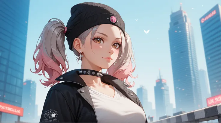 Front straight eye-level faraway shot of a cheerful anime girl with long pastel pink twin tails, accessorized with a black beanie featuring a small tech logo and delicate cross earrings. The light softly illuminates her cheerful expression. She’s wearing a...