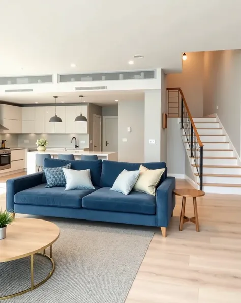  In the center of the cozy living room, a blue sofa with contrasting pillows,  on the left side of the room, the kitchen ,  on the right is the staircase to the first floor ,  under the stairs bathroom door , Scandinavian business style , coffee table , ki...