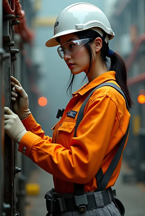  A woman wearing PPE , helmet, glove, lanyard belt , gloves, com o cabelo amarrado para dentro do helmet branco, with glasses, wearing an orange uniform the shirt ,  with the name of Vale in her front pocket ,  and gray pants , servicing the  