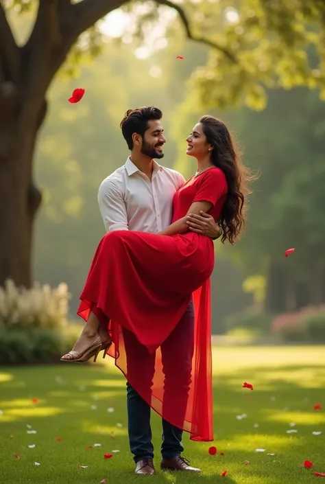 20 year Old Cute Pakistani Boy pick her Girl Friend in red Dress on his Hand in a Beautiful Lawn 