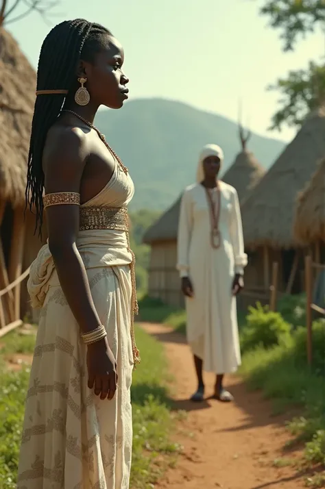 Generate  an image of an African folk tale  where Awele  was seen  dressed in white traditional attire  in the village standing  and gazing at the  spirit, it should be of youtube standard  16/9