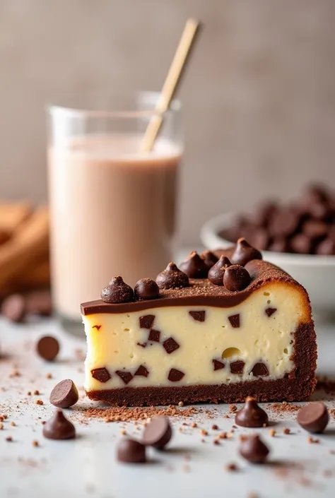 Chees cake with Chococheps and Sprincale
 chocolate milk
