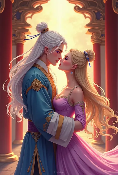 Do it in the Manhua drawing style, ancient Chinese empire style : A young couple:  Emperor with long white hair loose,  purple-eyed kissing his queen who has long blond hair and blue eyes
in a romantic way holding her in her arms