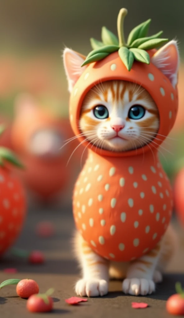 Create a little kitten like a human with striking blue eyes and orange fur.wearing a large strowberry hat with strowberry leaves covering its head and an strowberry costume on its body as well, against a blurry background that brings out the red colour of ...