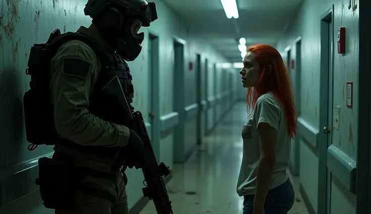 modern soldier wearing a mask and tactical helmet in a dark hospital hallway, directed a bright flashlight at a red-haired girl sitting in the dark by the wall in a T-shirt and jeans