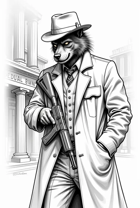 A realistic drawing outline ,  in black with thick lines and a white background without shading,  gun of a gangster werewolf wearing a jacket with a chalk stripe , white gangster hat ,  carrying a Thompson , in the background a bank  