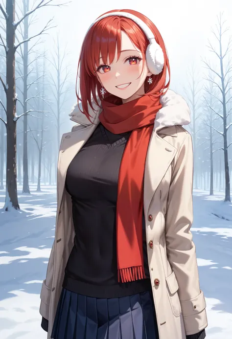 (score_9, score_8_up, score_7_up, score_6_up), anime, high res image, Beautiful girl with slim body, (masterpiece, detailed:1.2), (1girl:1.5), (red hair, short medium hair, bangs), (earrings), (dynamic poses), looking at viewer, (blushing red, relaxed, smi...