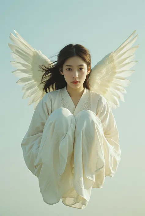 A young girl is suspended in the air, she is very beautiful but has a terrifying smile, very big, she is dressed in a tunic like in the time of godness. korean beautiful girl face,