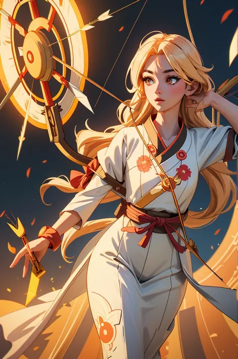 Amaterasu, (depicted as a 30-year-old female sun goddess:1.3), is portrayed as a master archer radiating divine light. She has black hair and amber eyes, exuding an aura of dignity and majesty. On her back, she carries a finely decorated quiver filled with...