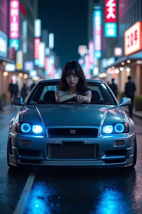 Young sexy japanese girl driving Nissan Gtr R 34 Skyline with blue neon lights in japan street