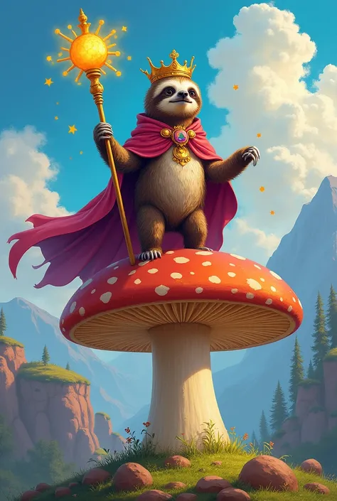 pinkcolorfulpainting, 
a cute sloth king with crown, wearing a magic cape and holding a magic staff, standing on top of a giant mushroom, mountain landscape