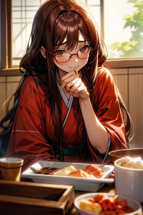  long-haired girl with brown hair and red glasses,A fleeting expression, sad expression,smile,Im eating breakfast,breakfast,Morning,indoor,Japanese food,chopsticks