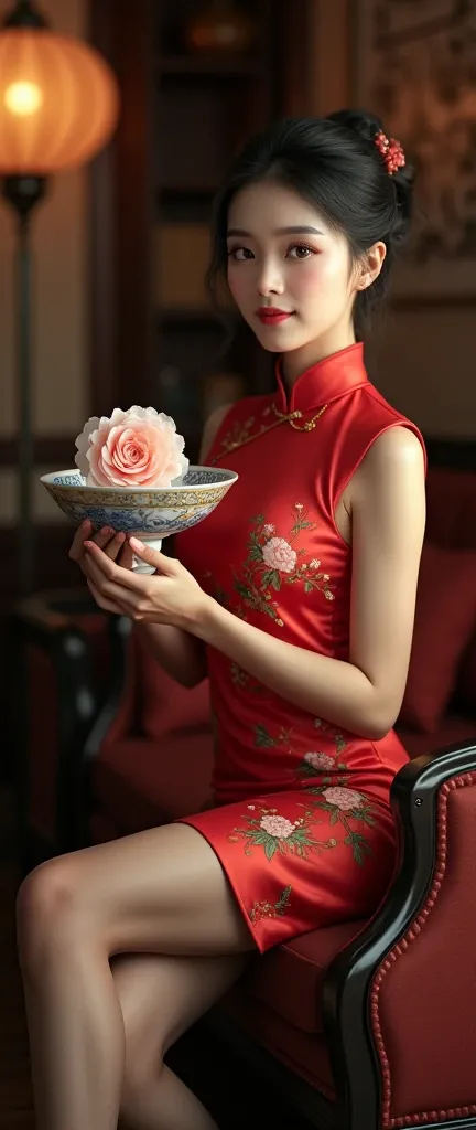 穿著長cheongsam,  Chinese beauty with hair in a bun , Osaki Amane,  Octane Rendering , All accessories suitable for hairpins, 參考網路上所有穿著中國cheongsam的美女姿態,  Extra high heels , Ultra Thin Sheer Black Stockings ,  sexy standing posture with legs spread, , In the l...