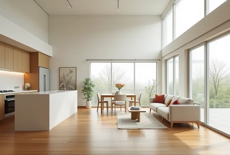 A realistic photo of a newly built modern Japanese house showcasing the living, dining, and kitchen (LDK) area. The space features clean, minimalist design with freshly painted white walls, polished wooden floors, and large windows letting in plenty of nat...