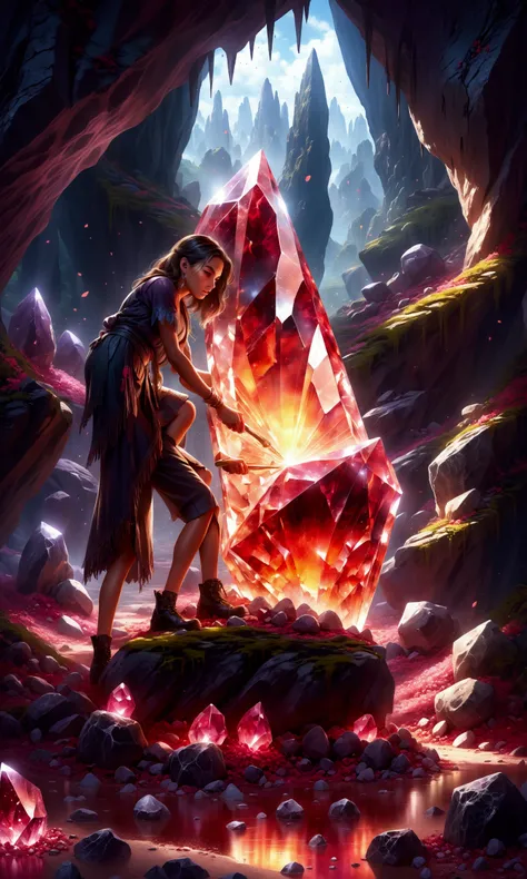 a young woman digging out a large red crystal from the ground, highly detailed, photorealistic, 8k, studio lighting, dynamic pose, digital painting, mystical atmosphere, vibrant colors, fantasy landscape, glowing crystal