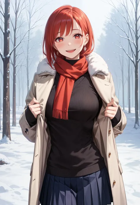 (score_9, score_8_up, score_7_up, score_6_up), anime, high res image, Beautiful girl with slim body, (masterpiece, detailed:1.2), (1girl:1.5), (red hair, short medium hair, bangs), (earrings), (dynamic poses), looking at viewer, (blushing red, relaxed, smi...
