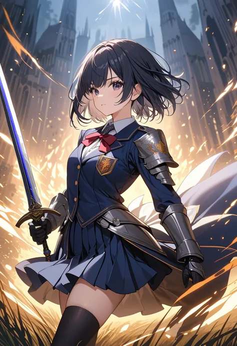 (masterpiece, best quality:1.1),A cute girl knight wearing (knights armor modeled after a school uniform). The armor design incorporates a uniform style featuring a blazer and pleated skirt. The armor has a metallic luster and is decorated with the ribbons...