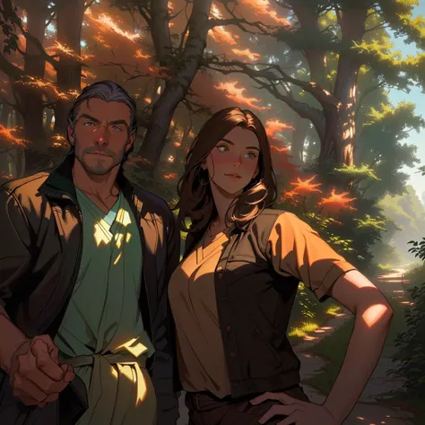 there is a man and woman standing next to each other on a road, dale keown and van sciver, kate oleska and jim kay, beautiful surroundings, in front of a forest background, inspired by Tim and Greg Hildebrandt, at dusk!, artgerma and greg rutkowski, millai...