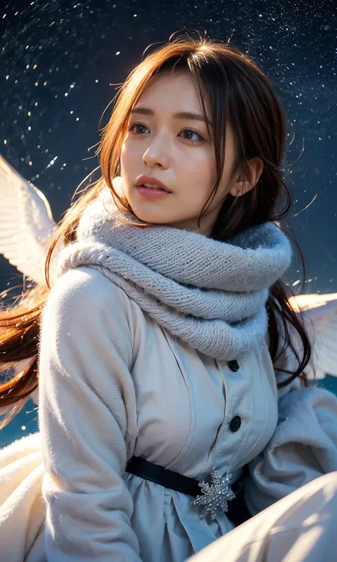 (    When she casts a spell , A legendary ice bird appears around the sky、 Magic Rim 、staring at something、diamond dust flutters、クリーム色のhair、   Heavy snowfall area      、   Snow is falling   、    blue eyes、    blue eyes、white winter clothes    、  gazing up ...