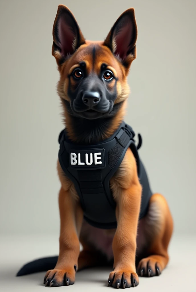 Belgian Shepherd Dog Malinois puppy with short hair , Dark ozico with a black police vest that he says as a name "blue" sitting. waiting for an order .