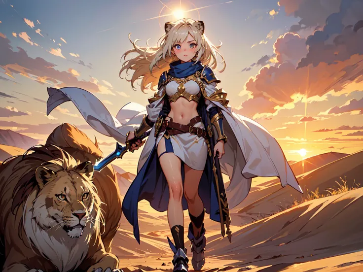 (((masterpiece, best quality, high detailed, 16k))) (1girl) A radiant female warrior with a mane of golden hair flowing like the suns rays. Her eyes shine with the intensity of a lioness ready to strike. Her golden armor glows with warmth, emblazoned with ...