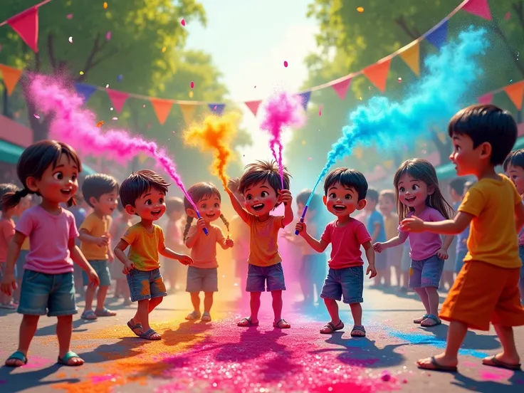 Create a vibrant illustration scene of the Rang Panchami festival with ren and adults joyfully playing with colorful powders and water. Show a group of s, including Chintu and Mintu, laughing and spraying water with pichkaris. Bright colors like red, pink,...