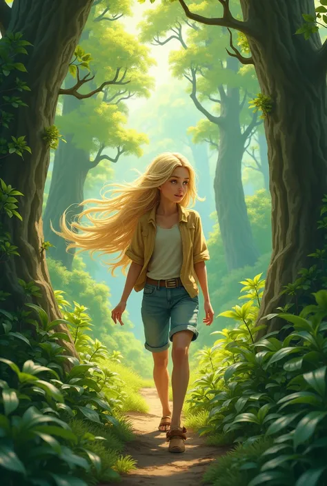 /imagine prompt A  with blonde hair walking in the forest

